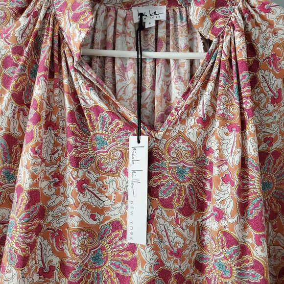 Nicole Miller Balloon Tie Sleeve Flowy Boho Printed Top Size S - Picture 2 of 9